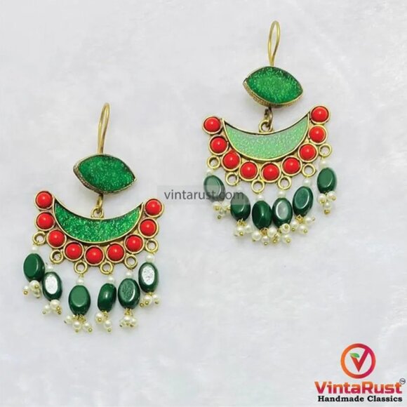 Green and Red Afghan Earrings: Kuchi Boho Dangle Earrings - Picture 1 of 5